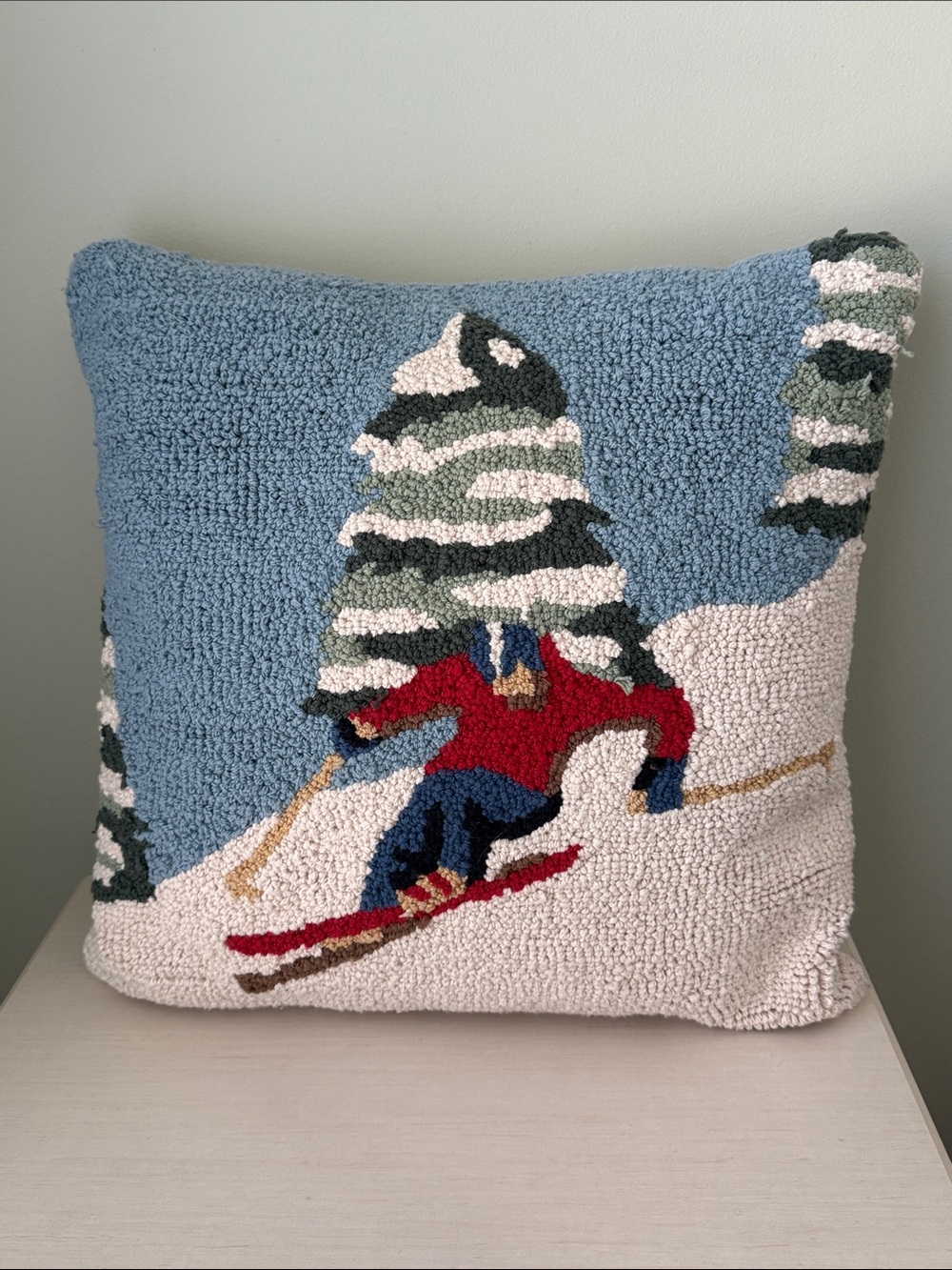 White Pine Hand Hooked Skiier Winter Slopes Pillow